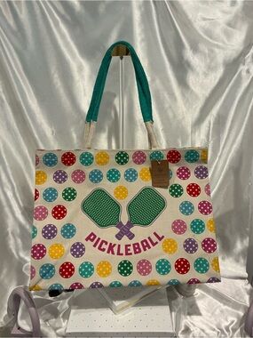 Eccolo Cream Polka Dot Pickleball Tote with Green Handles NWT